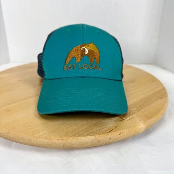 Patagonia Trucker Hat Eat Local Bear & Fish Mesh Back Cap Teal - Picture 1 of 8
